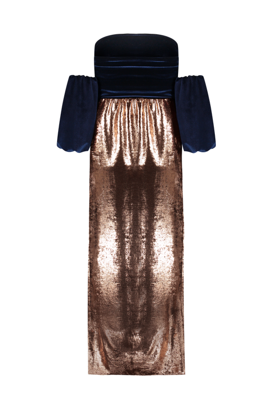 Vestido Aurora Cobre com Marinho