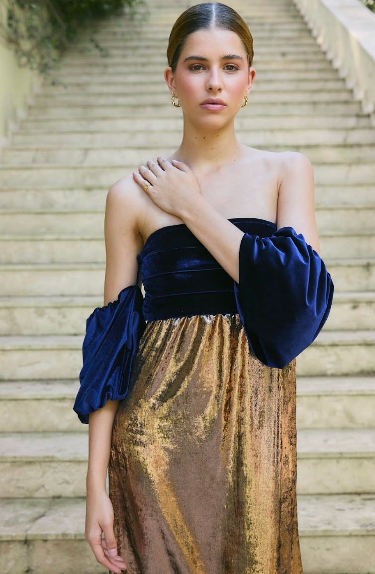 Vestido Aurora Cobre com Marinho