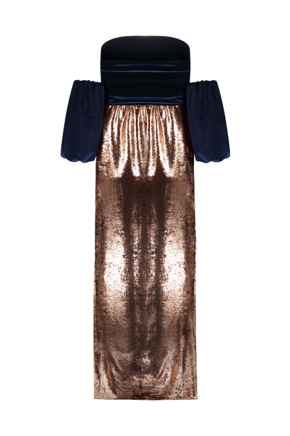 Vestido Aurora Cobre com Marinho
