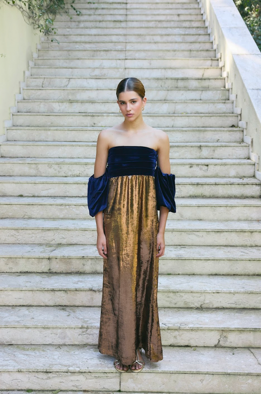 Vestido Aurora Cobre com Marinho